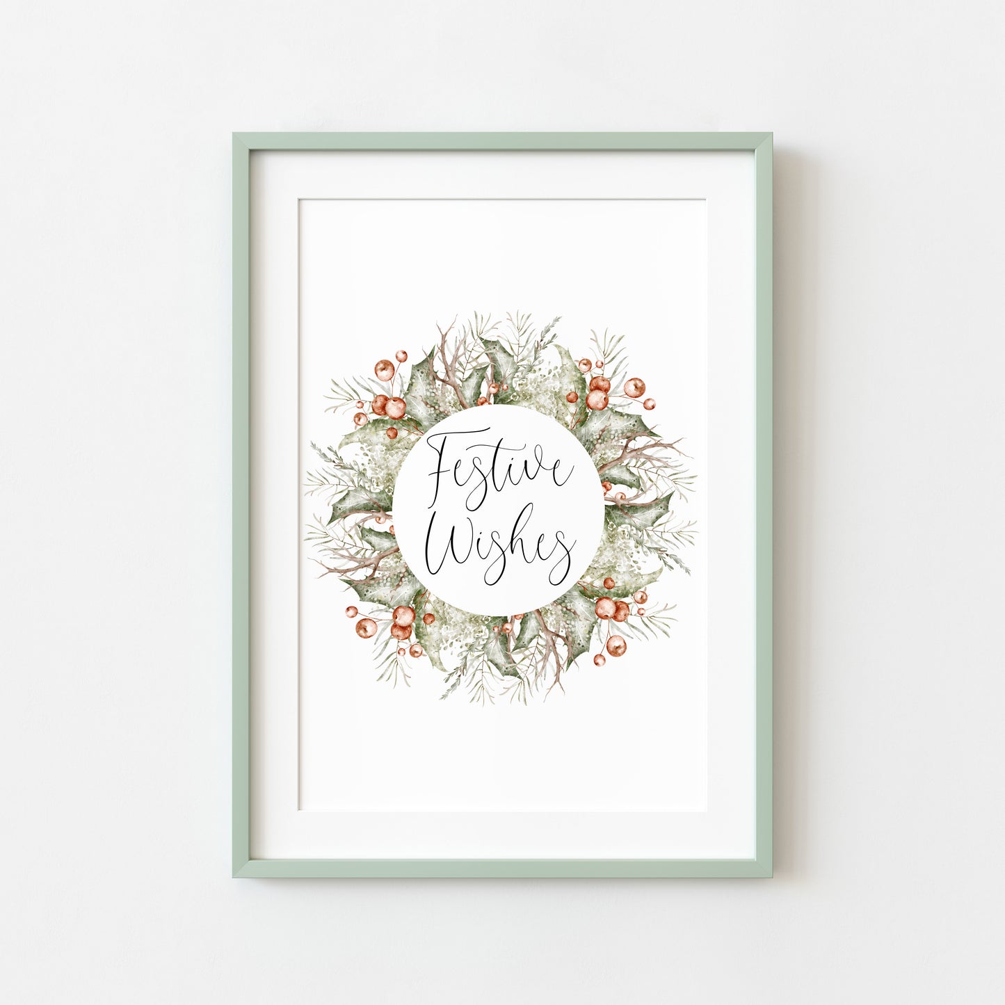 Christmas Print Watercolour Green white red wreath festive wishes Wall Art (unframed)