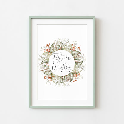 Christmas Print Watercolour Green white red wreath festive wishes Wall Art (unframed)