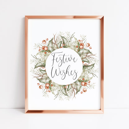 Christmas Print Watercolour Green white red wreath festive wishes Wall Art (unframed)