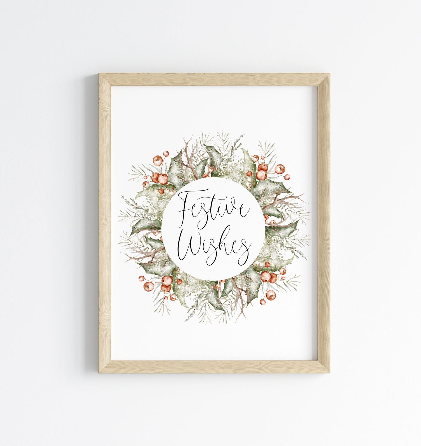 Christmas Print Watercolour Green white red wreath festive wishes Wall Art (unframed)