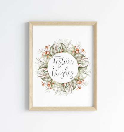 Christmas Print Watercolour Green white red wreath festive wishes Wall Art (unframed)