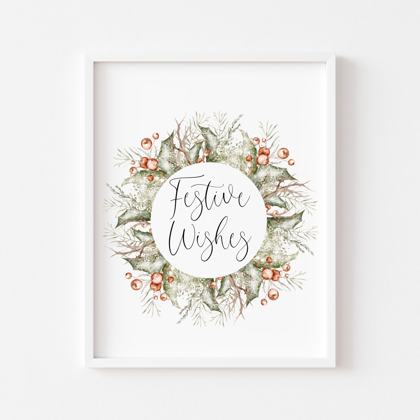 Christmas Print Watercolour Green white red wreath festive wishes Wall Art (unframed)