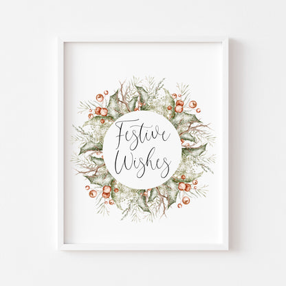 Christmas Print Watercolour Green white red wreath festive wishes Wall Art (unframed)