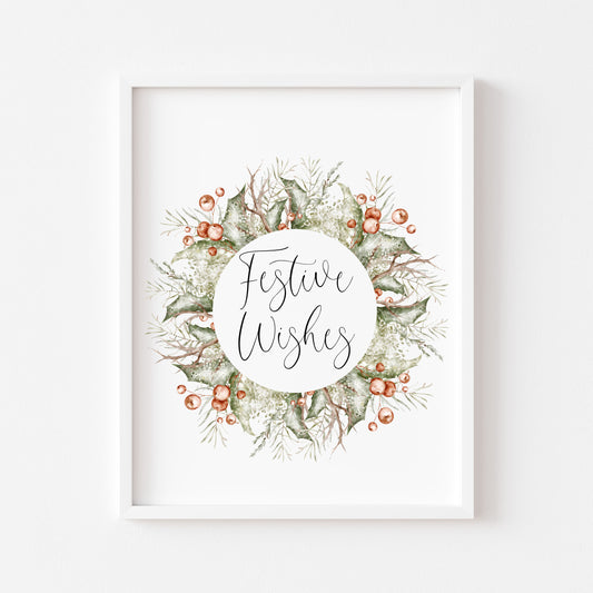 Christmas Print Watercolour Green white red wreath festive wishes Wall Art (unframed)