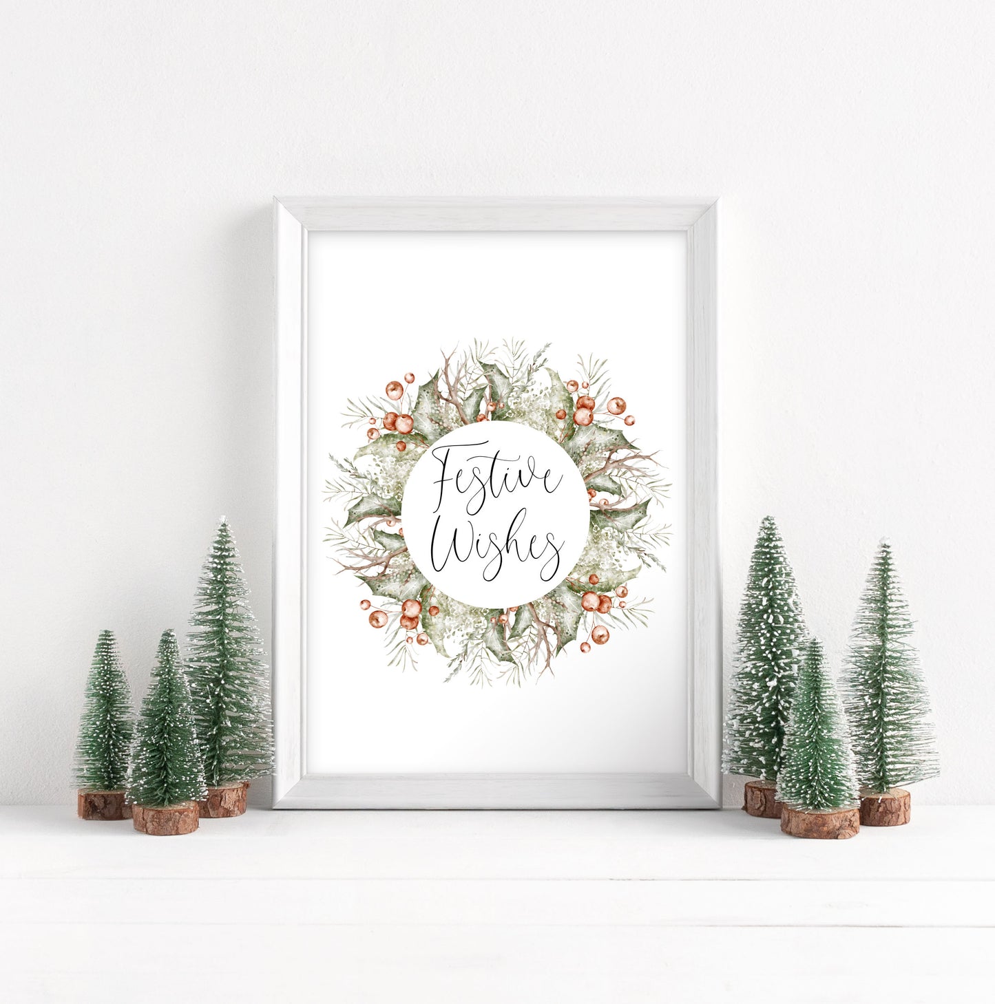 Christmas Print Watercolour Green white red wreath festive wishes Wall Art (unframed)