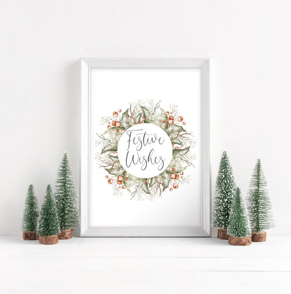 Christmas Print Watercolour Green white red wreath festive wishes Wall Art (unframed)