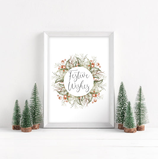 Christmas Print Watercolour Green white red wreath festive wishes Wall Art (unframed)
