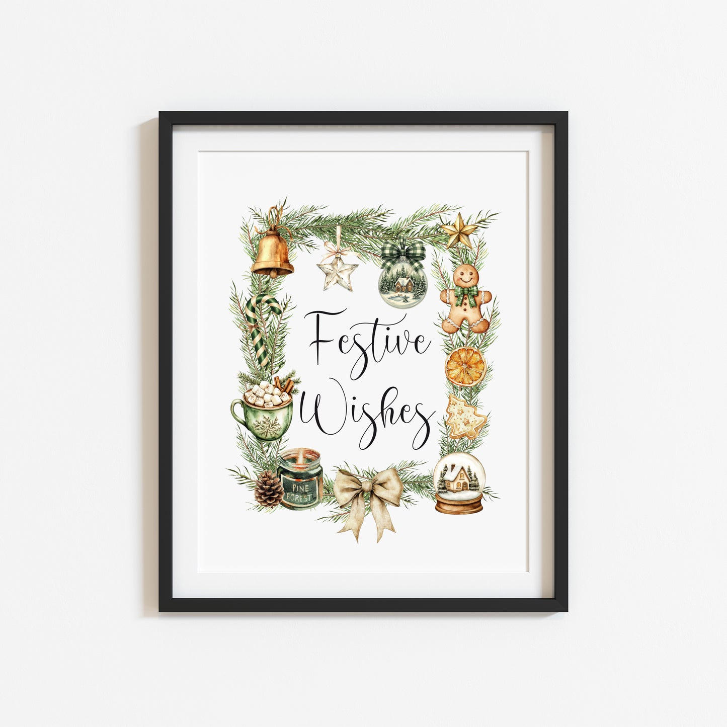 Christmas Print Festive wishes Beige & Green wreath xmas faves watercolour Wall Art (unframed)