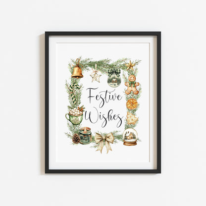 Christmas Print Festive wishes Beige & Green wreath xmas faves watercolour Wall Art (unframed)