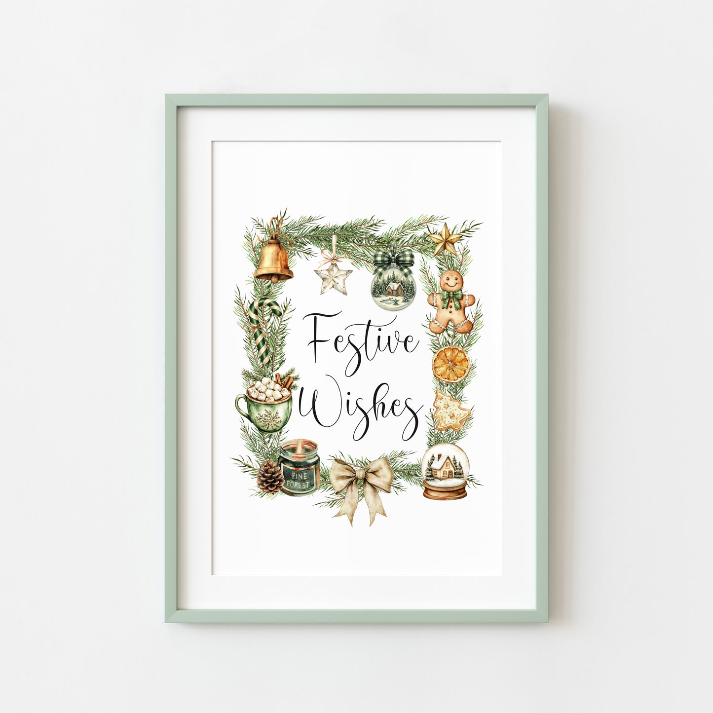 Christmas Print Festive wishes Beige & Green wreath xmas faves watercolour Wall Art (unframed)