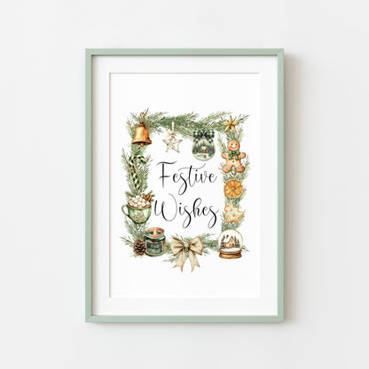 Christmas Print Festive wishes Beige & Green wreath xmas faves watercolour Wall Art (unframed)