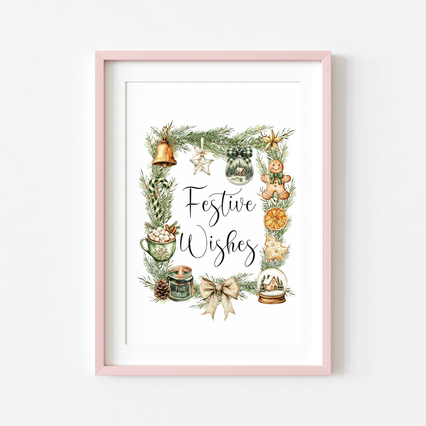 Christmas Print Festive wishes Beige & Green wreath xmas faves watercolour Wall Art (unframed)