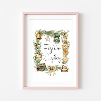 Christmas Print Festive wishes Beige & Green wreath xmas faves watercolour Wall Art (unframed)