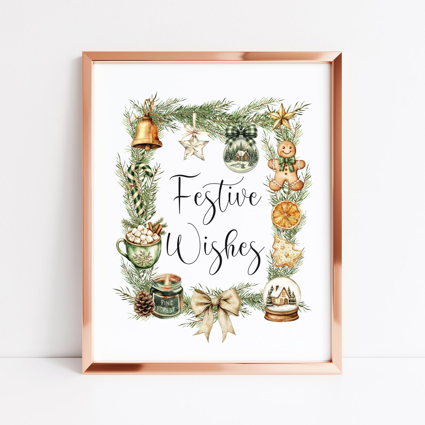 Christmas Print Festive wishes Beige & Green wreath xmas faves watercolour Wall Art (unframed)
