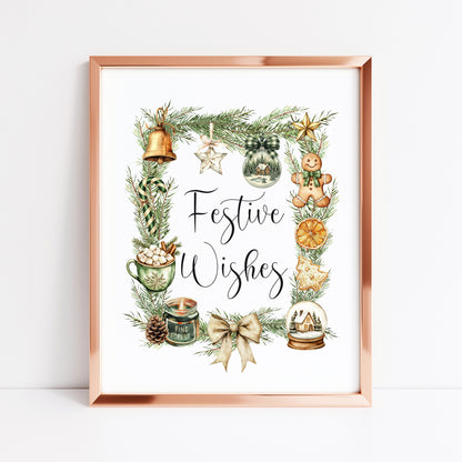 Christmas Print Festive wishes Beige & Green wreath xmas faves watercolour Wall Art (unframed)
