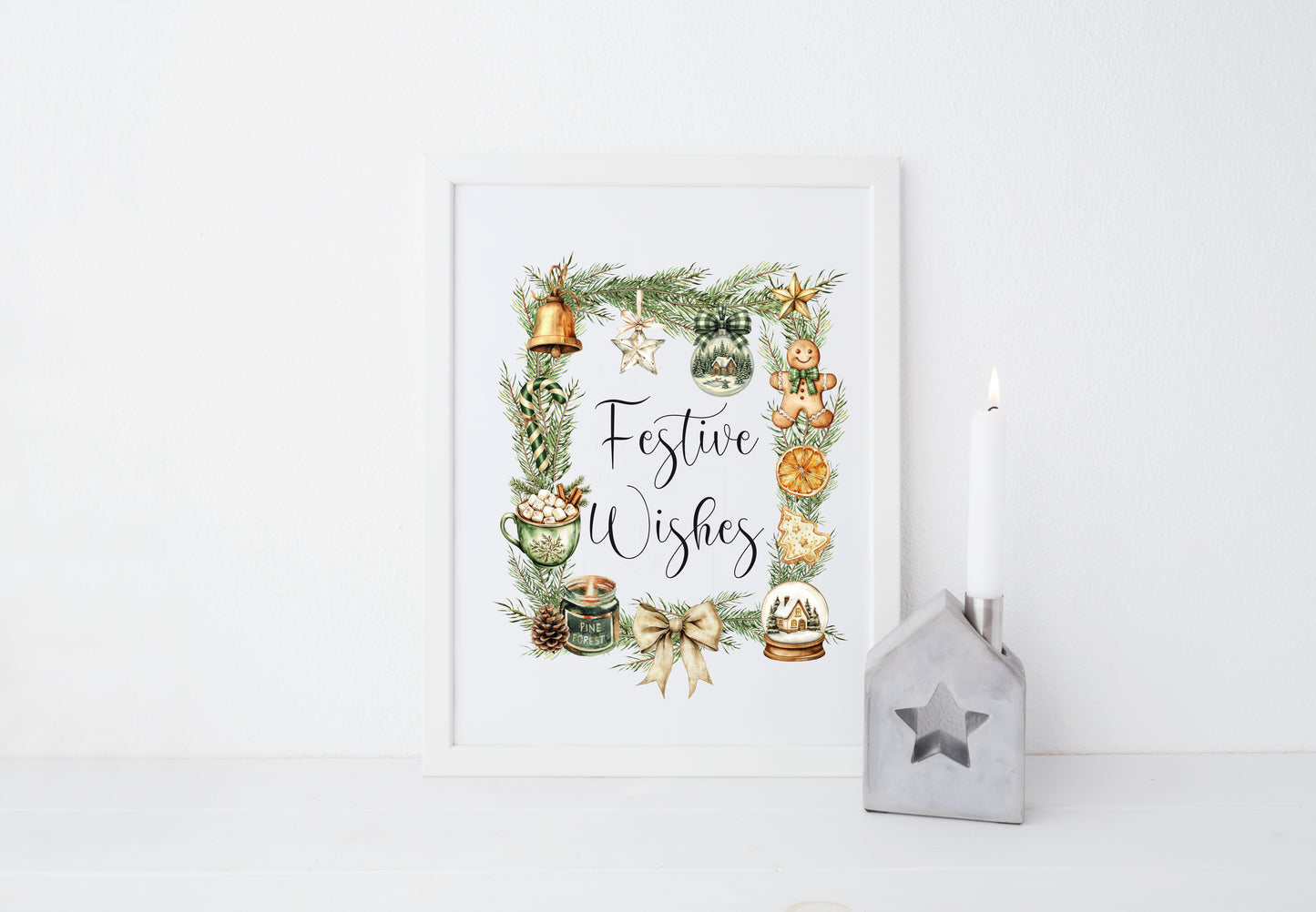 Christmas Print Festive wishes Beige & Green wreath xmas faves watercolour Wall Art (unframed)