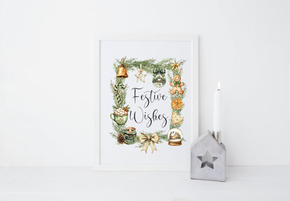 Christmas Print Festive wishes Beige & Green wreath xmas faves watercolour Wall Art (unframed)