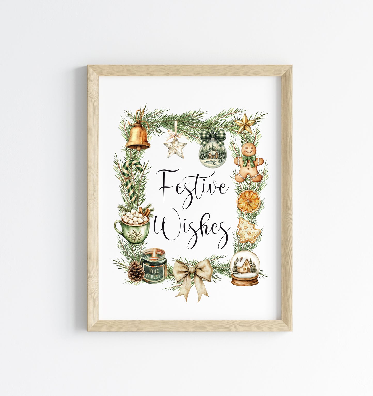 Christmas Print Festive wishes Beige & Green wreath xmas faves watercolour Wall Art (unframed)