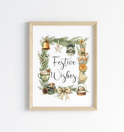 Christmas Print Festive wishes Beige & Green wreath xmas faves watercolour Wall Art (unframed)