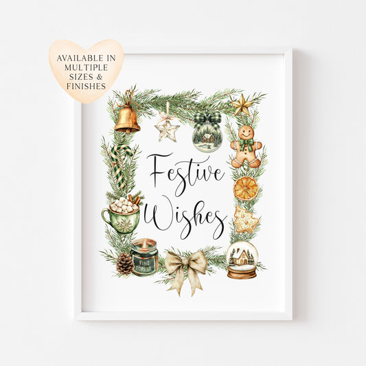 Christmas Print Festive wishes Beige & Green wreath xmas faves watercolour Wall Art (unframed)