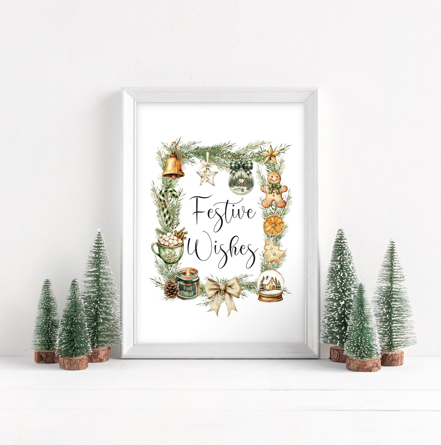 Christmas Print Festive wishes Beige & Green wreath xmas faves watercolour Wall Art (unframed)