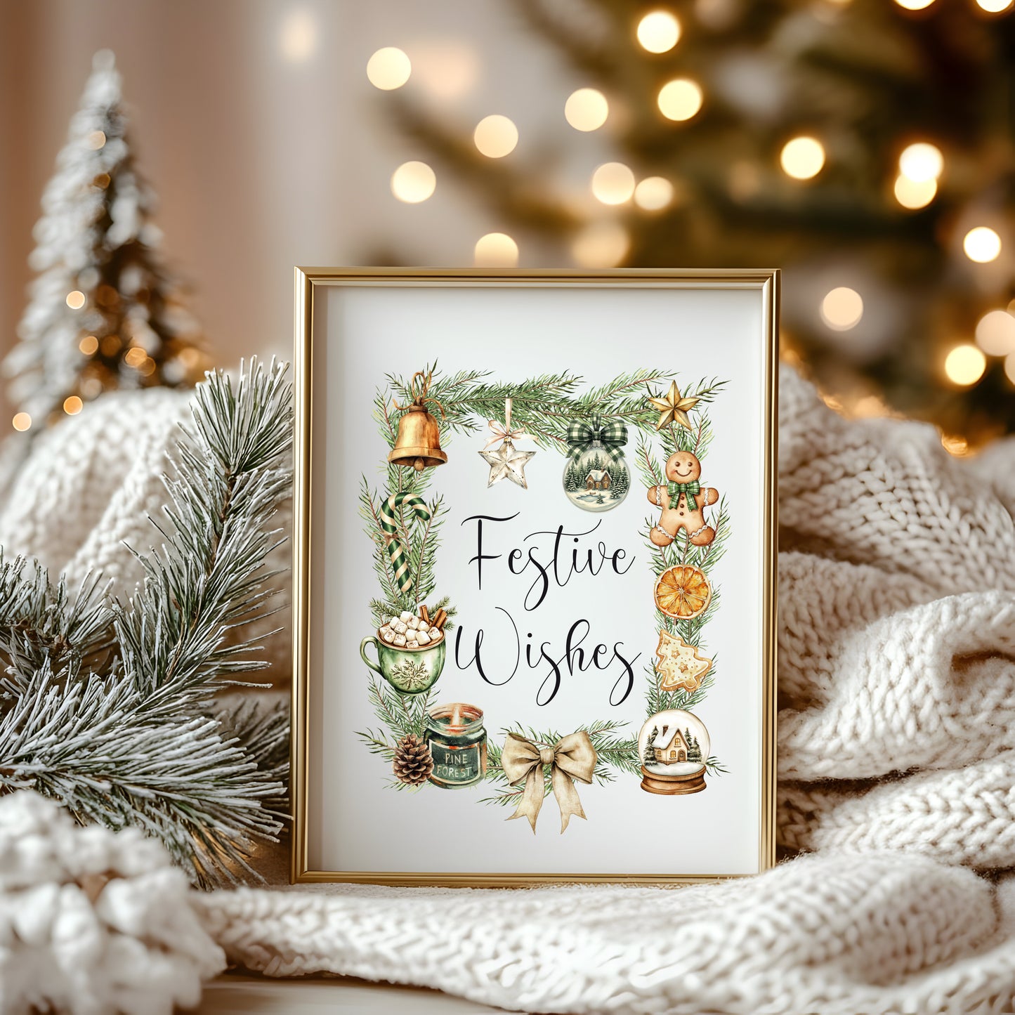 Christmas Print Festive wishes Beige & Green wreath xmas faves watercolour Wall Art (unframed)