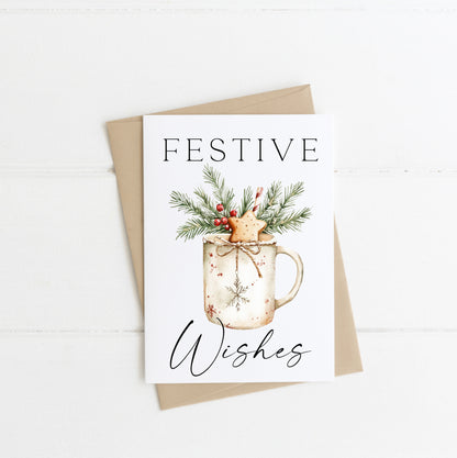 Christmas card, Festive Wishes Christmas cup of cheer star xmas watercolour Christmas seasonal greetings card, envelope,kraft brown or white