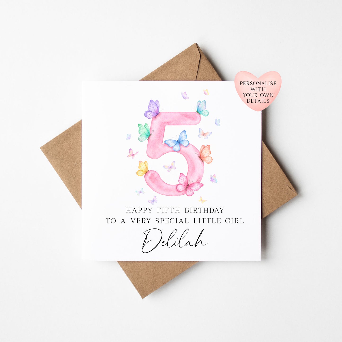 Personalised 5th Birthday Card pink purple Butterfly girls bday card, number 5, daughter, granddaughter, friend with Envelope