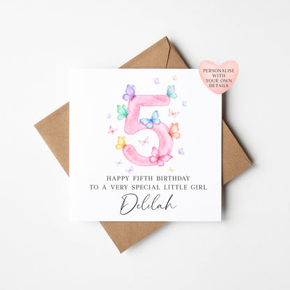 Personalised 5th Birthday Card pink purple Butterfly girls bday card, number 5, daughter, granddaughter, friend with Envelope
