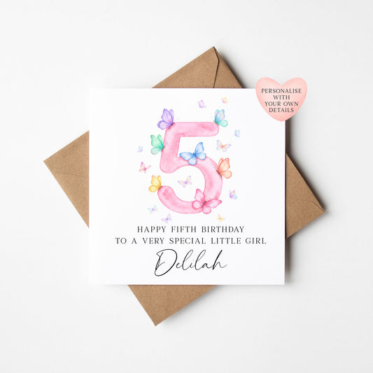 Personalised 5th Birthday Card pink purple Butterfly girls bday card, number 5, daughter, granddaughter, friend with Envelope
