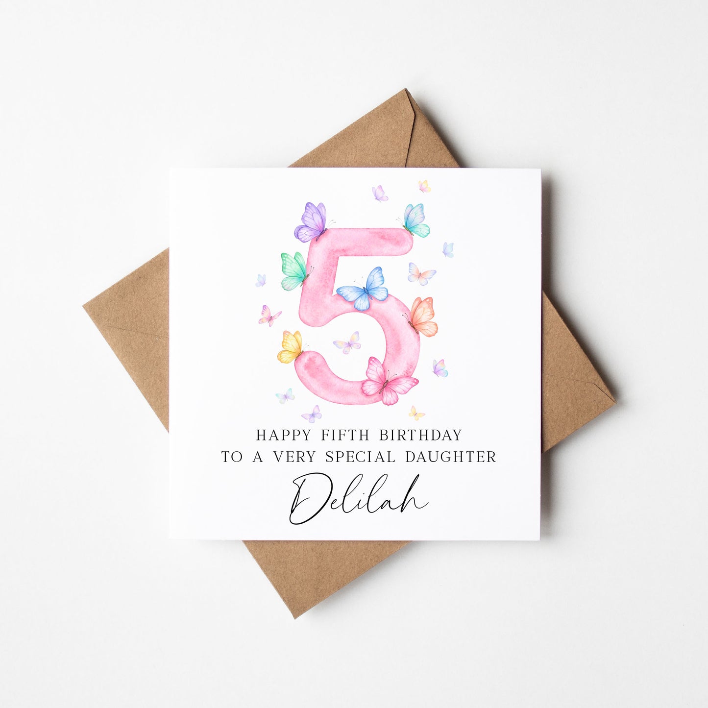 Personalised 5th Birthday Card pink purple Butterfly girls bday card, number 5, daughter, granddaughter, friend with Envelope