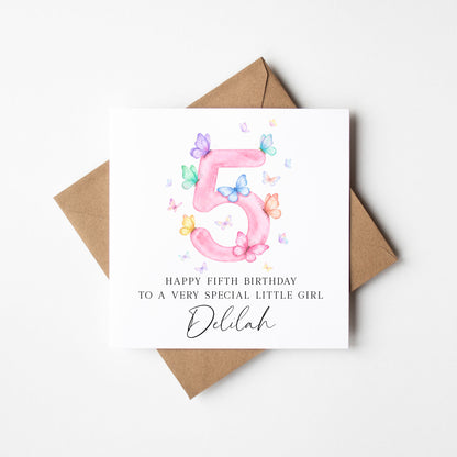 Personalised 5th Birthday Card pink purple Butterfly girls bday card, number 5, daughter, granddaughter, friend with Envelope