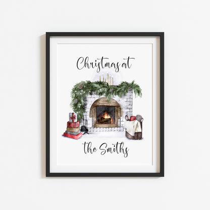 Christmas at the/with the personalised fireplace illustration seasonal wall art poster print