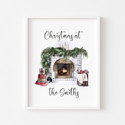 Christmas at the/with the personalised fireplace illustration seasonal wall art poster print