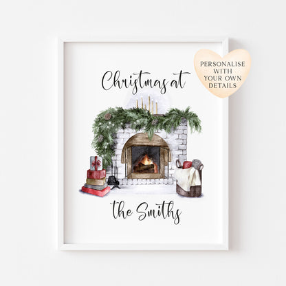 Christmas at the/with the personalised fireplace illustration seasonal wall art poster print