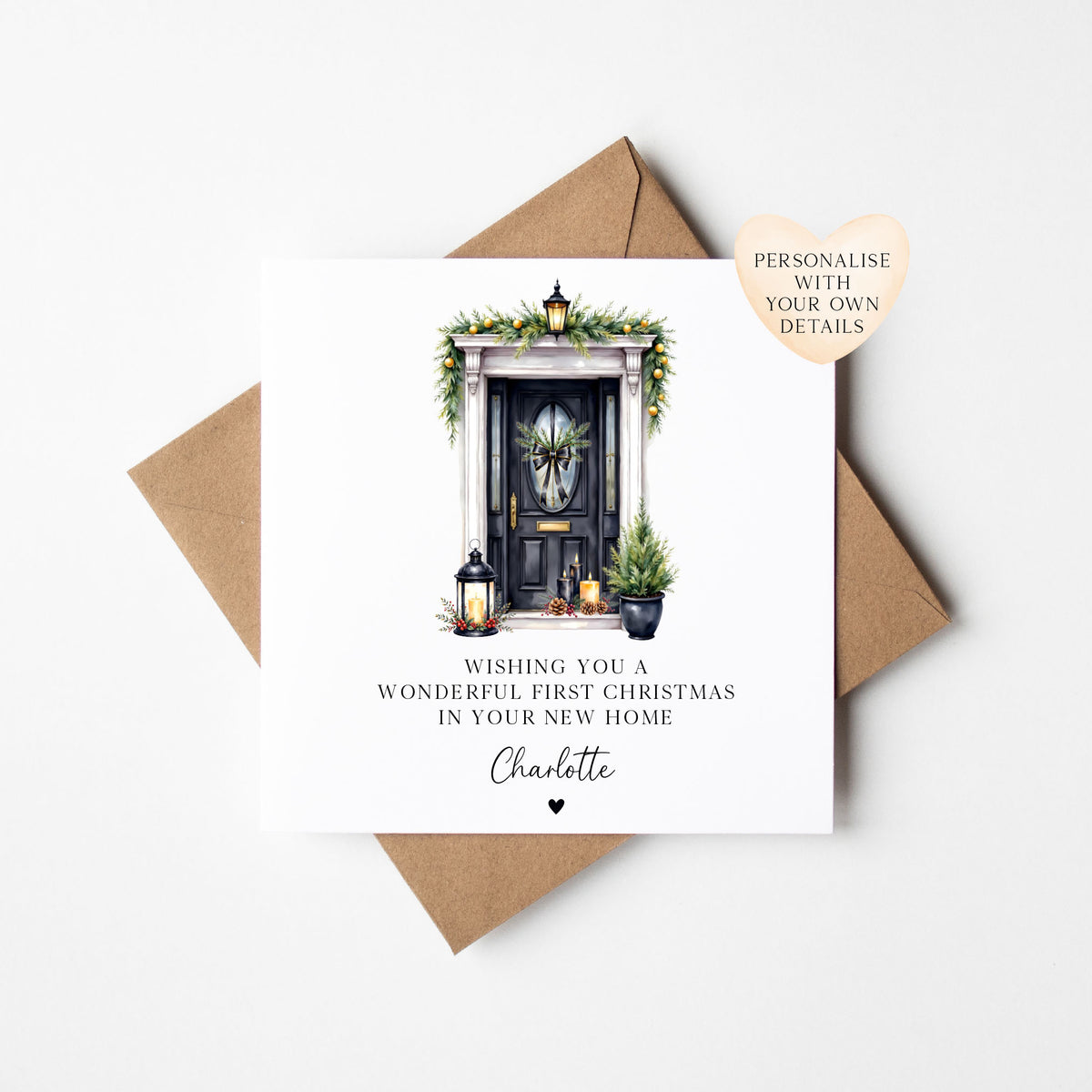 Christmas Card, Merry Xmas in your new home, personalised seasonal front door card with envelope