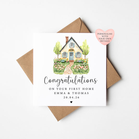 New First home card, congratulations on your first home floral cottage personalised card with envelope