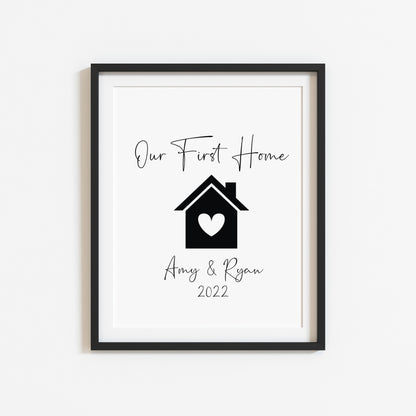 Our First / New home, house heart print, personalised with names and or dates couples wall art new home gift unframed poster print