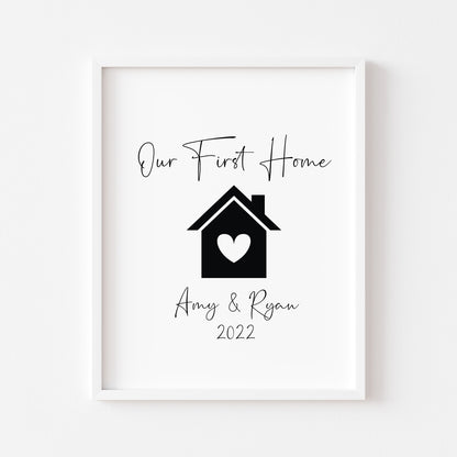 Our First / New home, house heart print, personalised with names and or dates couples wall art new home gift unframed poster print