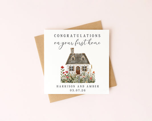 New First home card, congratulations floral house cottage names dates personalised with Envelope