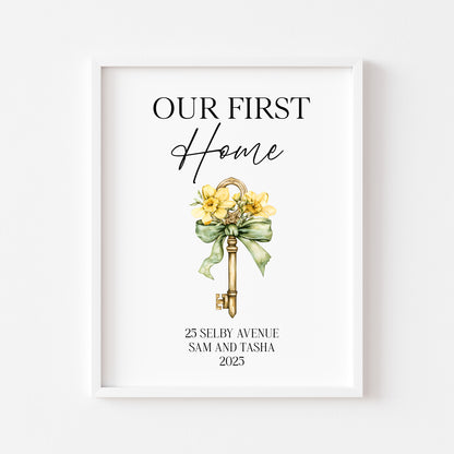 Personalised First / New Home Print Floral key New House Gift, Wall Art (unframed)