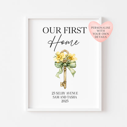 Personalised First / New Home Print Floral key New House Gift, Wall Art (unframed)