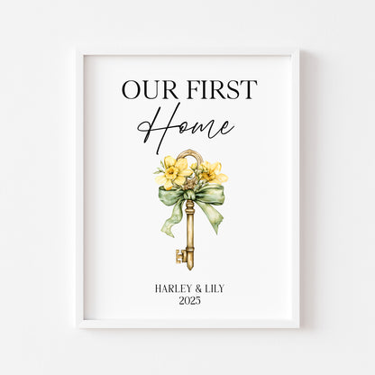 Personalised First / New Home Print Floral key New House Gift, Wall Art (unframed)