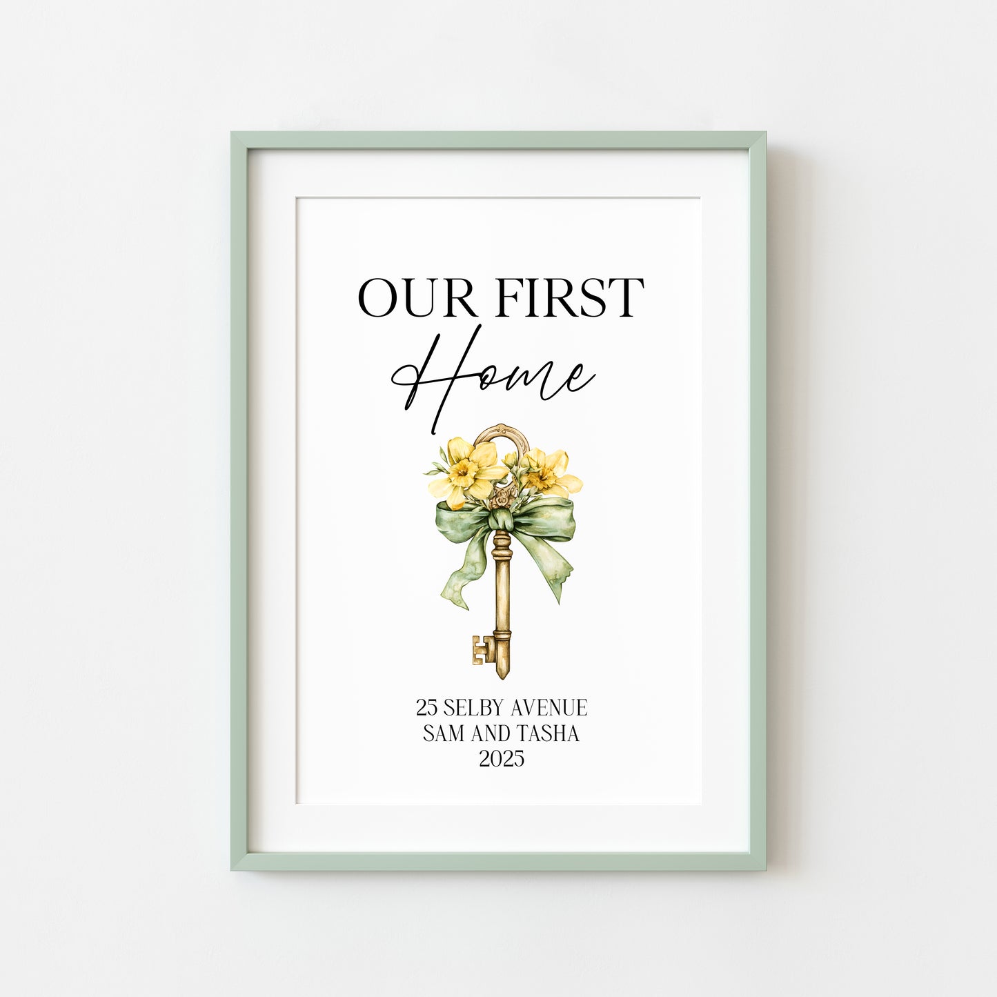 Personalised First / New Home Print Floral key New House Gift, Wall Art (unframed)