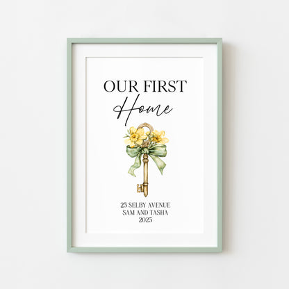 Personalised First / New Home Print Floral key New House Gift, Wall Art (unframed)