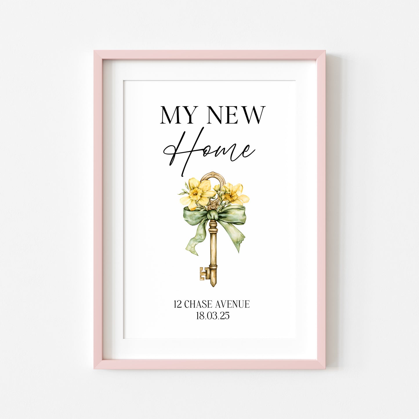 Personalised First / New Home Print Floral key New House Gift, Wall Art (unframed)