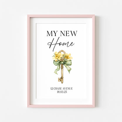 Personalised First / New Home Print Floral key New House Gift, Wall Art (unframed)