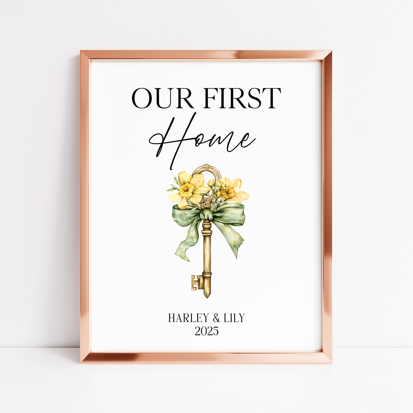 Personalised First / New Home Print Floral key New House Gift, Wall Art (unframed)