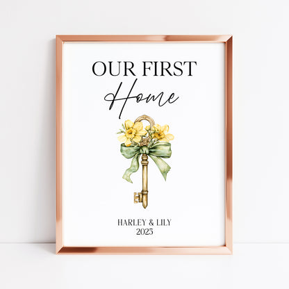 Personalised First / New Home Print Floral key New House Gift, Wall Art (unframed)