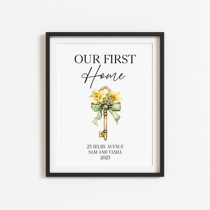 Personalised First / New Home Print Floral key New House Gift, Wall Art (unframed)
